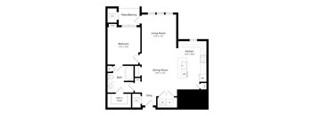 A floor plan of a house with a living room, dining room, kitchen, and bath.
