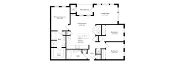 A floor plan of a home with a living room, dining room, kitchen, and three bedrooms.