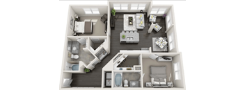 A 3D floor plan of a house with multiple rooms and furniture.