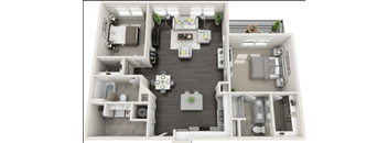 A 3D floor plan of a house with a kitchen, living room, and two bedrooms.