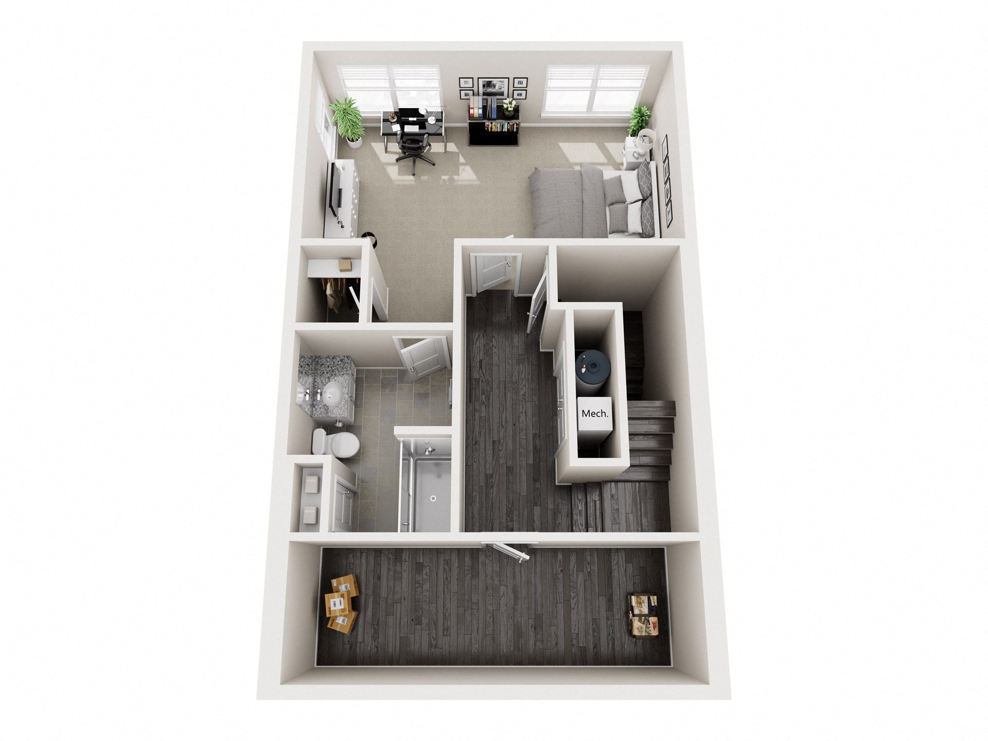 A top down view of a small apartment with a kitchen, living room, and bedroom.
