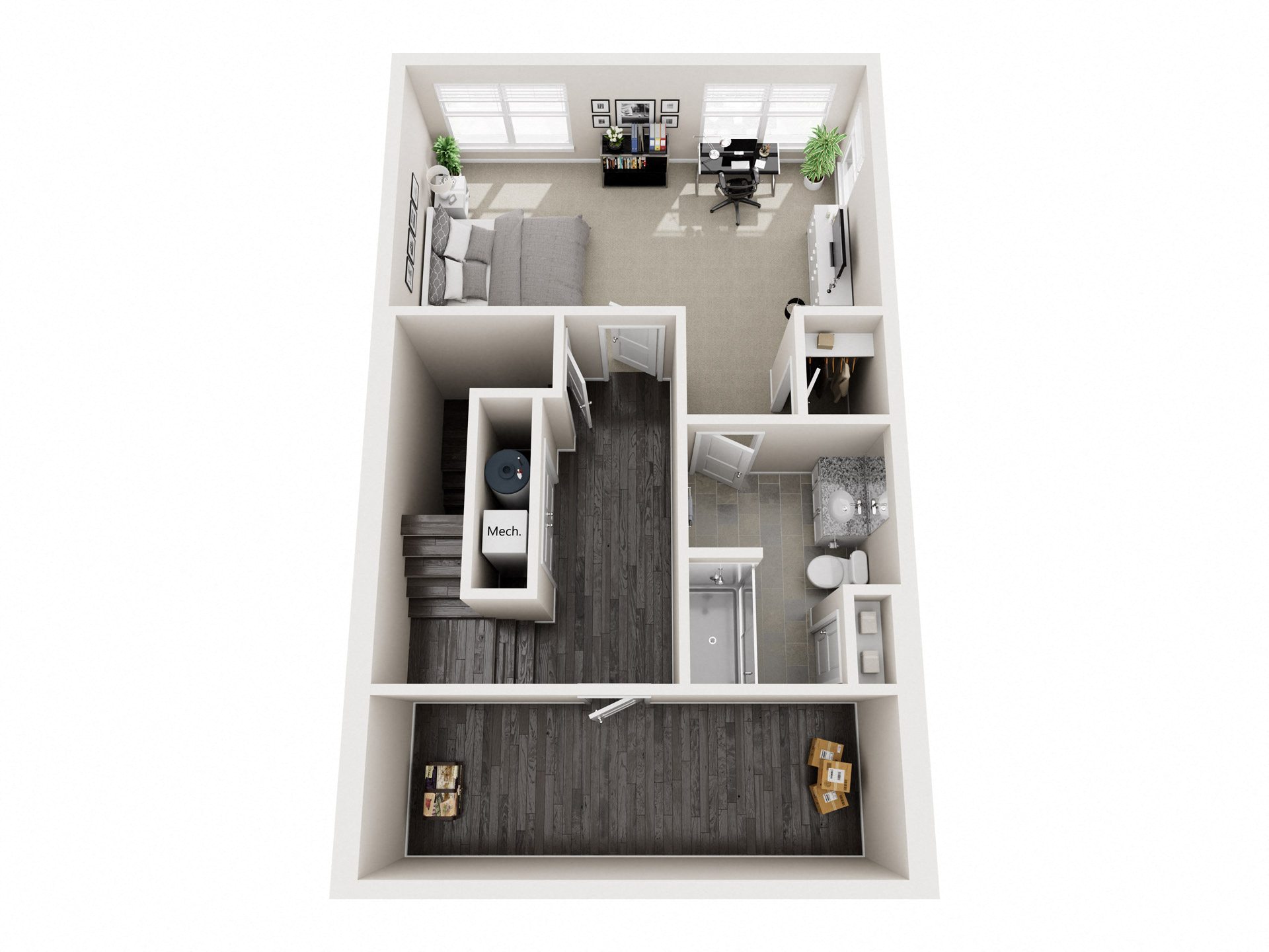 A top down view of a small apartment with a kitchen, living room, and bedroom.
