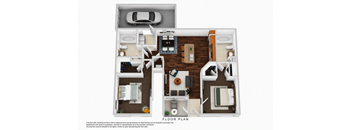 A floor plan of a small apartment with a kitchen, living room, and bedrooms.