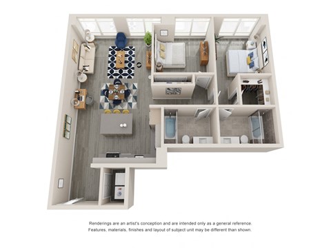 a stylized floor plan with a bedroom and a living room
