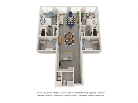 a stylized floor plan of a 1100 sq ft apartment