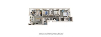 a stylized 3d floor plan of a 1 bedroom apartment
