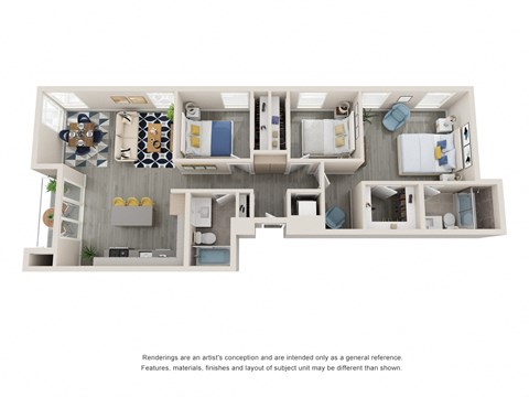a stylized 3d floor plan of a 1 bedroom apartment