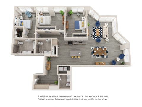 a stylized floor plan of a 2100 sq ft apartment
