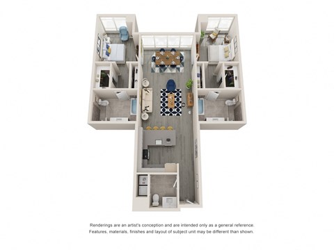 a stylized floor plan of a 2100 sq ft apartment