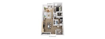 A floor plan of a small apartment with a kitchen, living room, and bathroom.