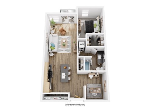 A floor plan of a small apartment with a kitchen, living room, and bathroom.
