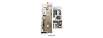 A top down view of a small apartment with a kitchen, living room, and bathroom.