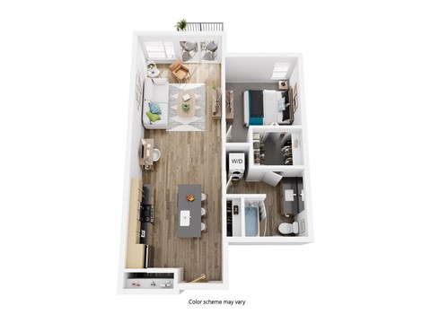 A top down view of a small apartment with a kitchen, living room, and bathroom.