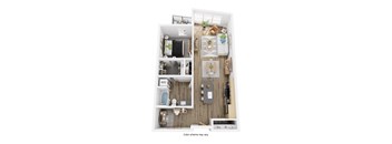 A floor plan of a small apartment with a kitchen, living room, and bathroom.