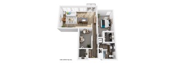A floor plan of a small apartment with a kitchen, living room, and bedroom.