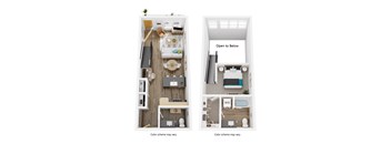 A diagram shows two different layouts for a small apartment.