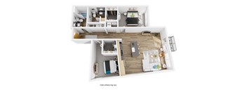 A floor plan of a two-bedroom apartment with a living room, kitchen, and bathroom.