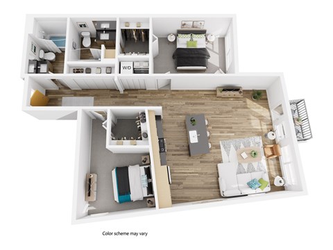 A floor plan of a two-bedroom apartment with a living room, kitchen, and bathroom.