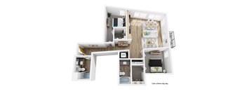 A white floor plan of a house with a kitchen, living room, and bedrooms.