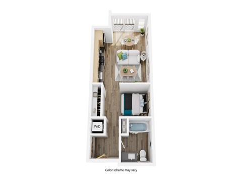 A white shelf with a variety of items including a plant, a clock, and a container with a blue lid.