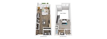 A floor plan of a small apartment with a kitchen, living room, and bathroom.