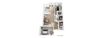 A floor plan of a small apartment with a kitchen, living room, and bedroom.