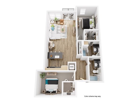 A floor plan of a small apartment with a kitchen, living room, and bedroom.