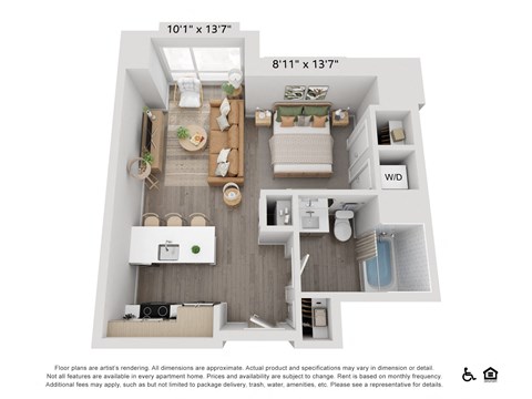 Large and open studio 1 bath floor plan