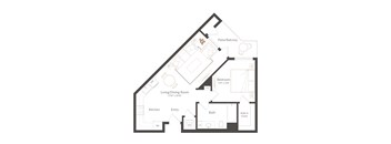 A floor plan of a house with a living/dining room, kitchen, bath, and bedroom.