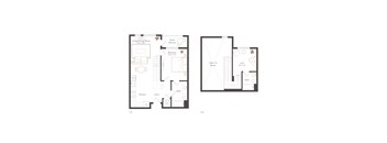 A floor plan of a two-story home with a living room, dining room, kitchen, bath, and bedroom.