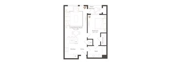 A floor plan of a small apartment with a living room, kitchen, bathroom, and bedroom.