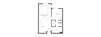 A floor plan of a house with a living/dining room, kitchen, bath, and bedroom.