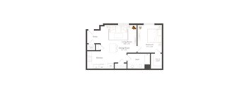 A floor plan of a house with a living room, dining room, kitchen, bath, bedroom and walk-in closet.