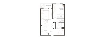 A floor plan of an apartment with a living room, kitchen, bathroom, and bedroom.