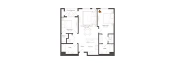 A floor plan of a house with two bedrooms, a living room, a kitchen, a bath, a patio/balcony, and a walk-in closet.