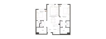 A floor plan of a house with two bedrooms, a living room, a kitchen, two bathrooms, and a walk-in closet.