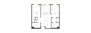 A floor plan of a home with three bedrooms, a living/dining room, a kitchen, two bathrooms, a walk-in closet, and a home office.