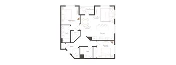 A floor plan of a house with two bedrooms, a living room, a dining room, a kitchen, a bathroom, and a walk-in closet.