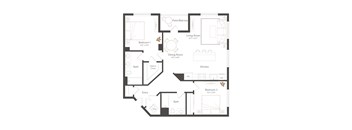 A floor plan of a house with two bedrooms, a living room, a dining room, a kitchen, a bathroom, and a walk-in closet.