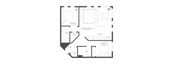 A floor plan of a house with two bedrooms, a living room, a kitchen, and two bathrooms.