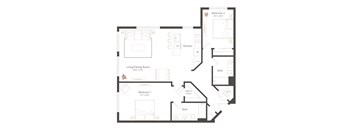 A floor plan of a house with two bedrooms, a living room, a kitchen, a dining room, a bathroom, and a walk-in closet.