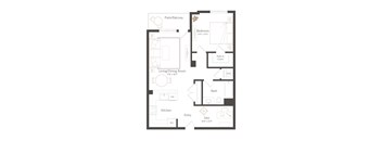 A floor plan of a house with a patio, balcony, living room, dining room, kitchen, bath, and bedroom.