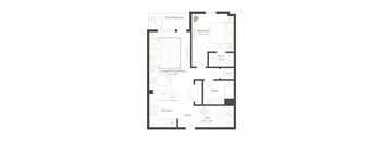 A floor plan of a small apartment with a living room, kitchen, bathroom, and bedroom.