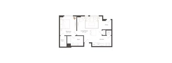 A floor plan of a home with a living room, kitchen, bath, and bedroom.