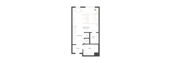 A floor plan of a small apartment with a living area, kitchen, bathroom, and entry.