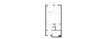 A floor plan of an apartment with a living area, kitchen, bath, and entry.