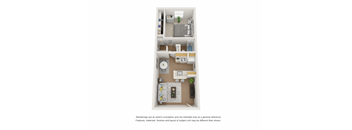 A white and wood floor plan of a small apartment with a kitchen, living room, and bedroom.