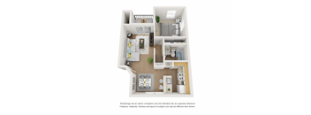 A top-down view of a small apartment with a kitchen, living room, and bedroom.