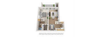 A floor plan of a two-story apartment with a living room, kitchen, dining room, and bedrooms.