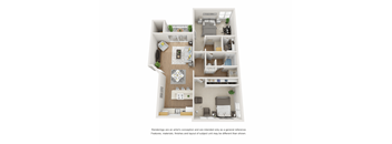 A 3D floor plan of a house with a kitchen, living room, and two bedrooms.